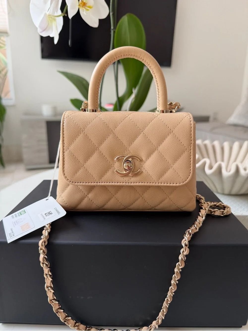 Chanel 24K AP4244 Micro Coco Handle Extra Mini Flap Beige Caviar Clutch GHW Bag